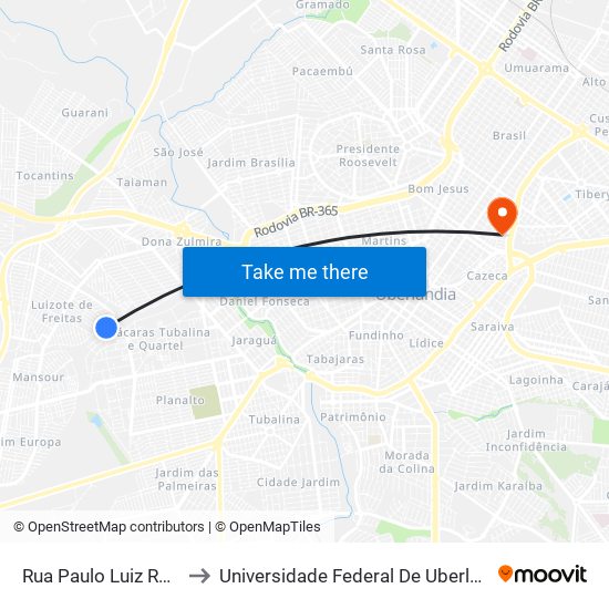 Rua Paulo Luiz Rotelli, 255-327 to Universidade Federal De Uberlândia - Campus Educa map