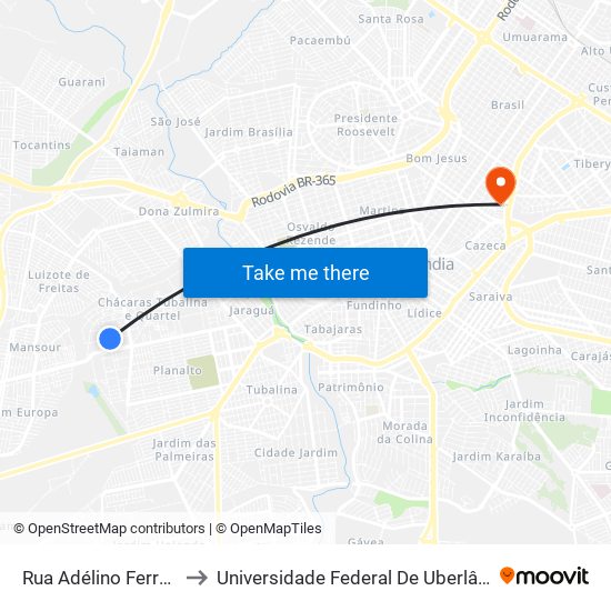 Rua Adélino Ferreira, 293-375 to Universidade Federal De Uberlândia - Campus Educa map