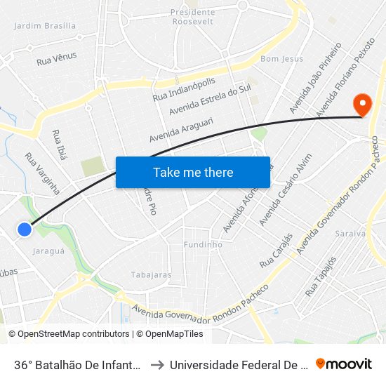 36° Batalhão De Infantaria Mecanizado (Ponto 2) to Universidade Federal De Uberlândia - Campus Educa map