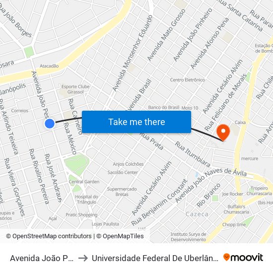 Avenida João Pessoa, 845 to Universidade Federal De Uberlândia - Campus Educa map