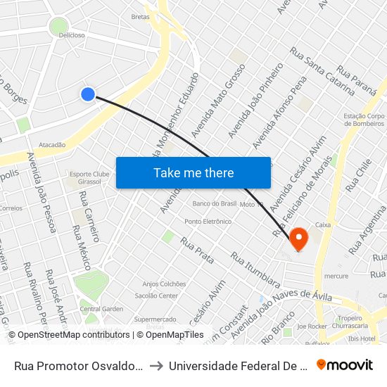 Rua Promotor Osvaldo Afonso Borges, 334-414 to Universidade Federal De Uberlândia - Campus Educa map