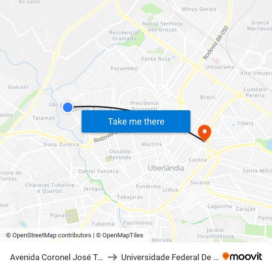 Avenida Coronel José Teófilo Carneiro, 1364-1482 to Universidade Federal De Uberlândia - Campus Educa map