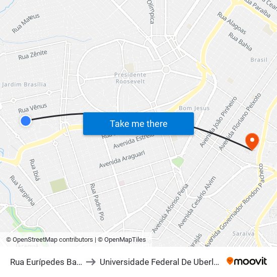 Rua Eurípedes Barsanulfo, 598 to Universidade Federal De Uberlândia - Campus Educa map
