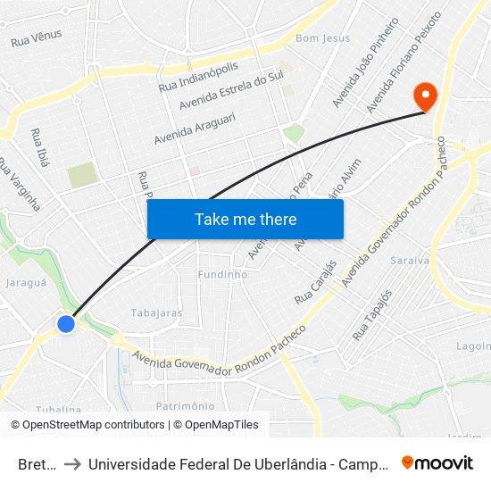 Bretas to Universidade Federal De Uberlândia - Campus Educa map