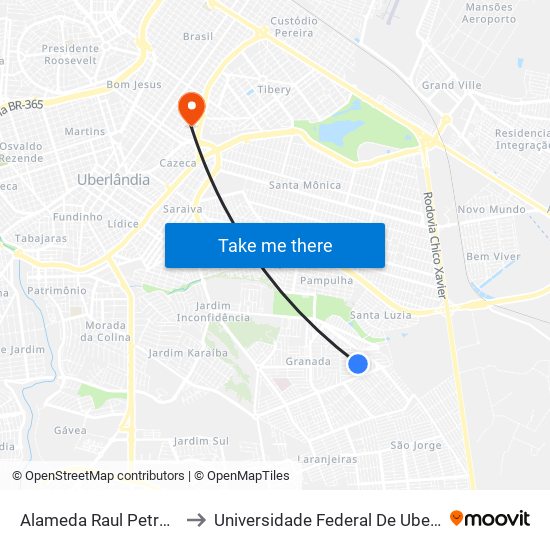 Alameda Raul Petronilho Pádua, 187 to Universidade Federal De Uberlândia - Campus Educa map