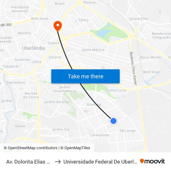 Av. Dolorita Elias Do Nascimento to Universidade Federal De Uberlândia - Campus Educa map