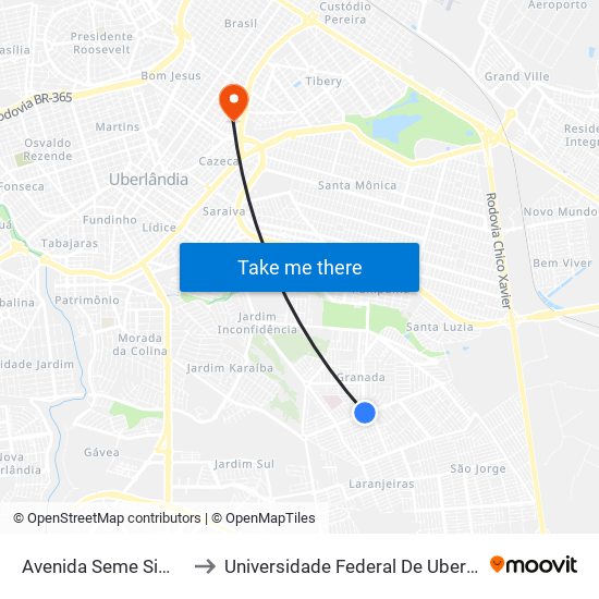 Avenida Seme Simão, 1010-1248 to Universidade Federal De Uberlândia - Campus Educa map