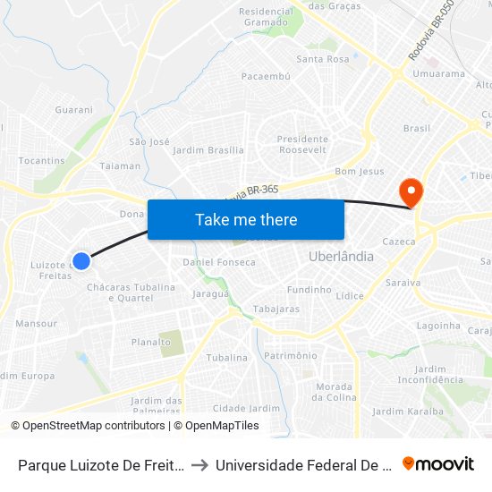 Parque Luizote De Freitas Ou Parque Da Represa to Universidade Federal De Uberlândia - Campus Educa map