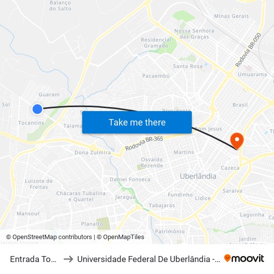 Entrada Tocantins to Universidade Federal De Uberlândia - Campus Educa map