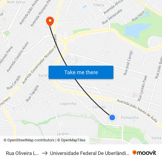 Rua Oliveira Lima, 213 to Universidade Federal De Uberlândia - Campus Educa map