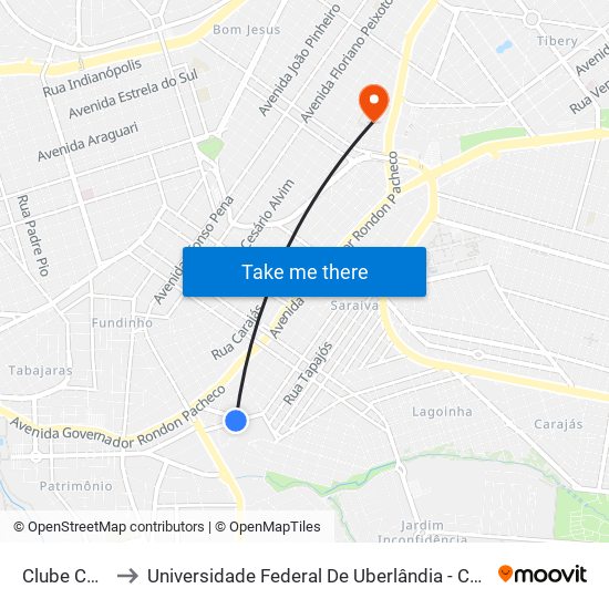 Clube Cajubá to Universidade Federal De Uberlândia - Campus Educa map