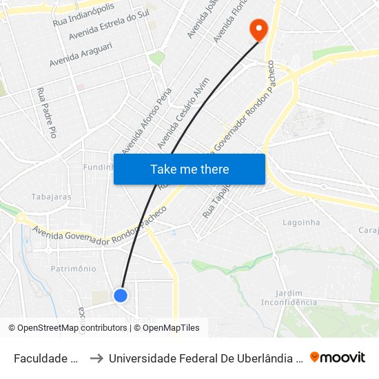 Faculdade Uniessa to Universidade Federal De Uberlândia - Campus Educa map