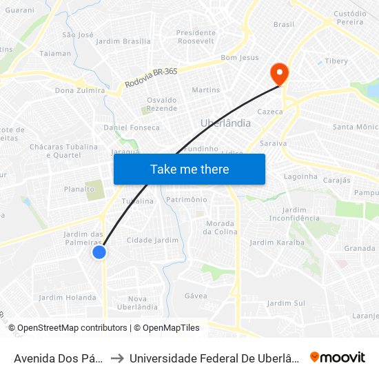 Avenida Dos Pássaros, 144 to Universidade Federal De Uberlândia - Campus Educa map