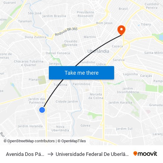 Avenida Dos Pássaros, 396 to Universidade Federal De Uberlândia - Campus Educa map