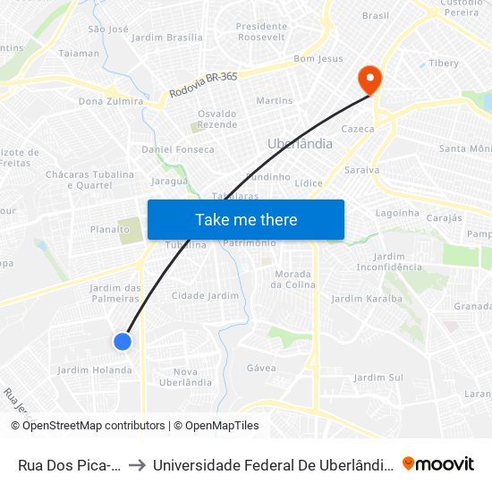 Rua Dos Pica-Paus, 60 to Universidade Federal De Uberlândia - Campus Educa map