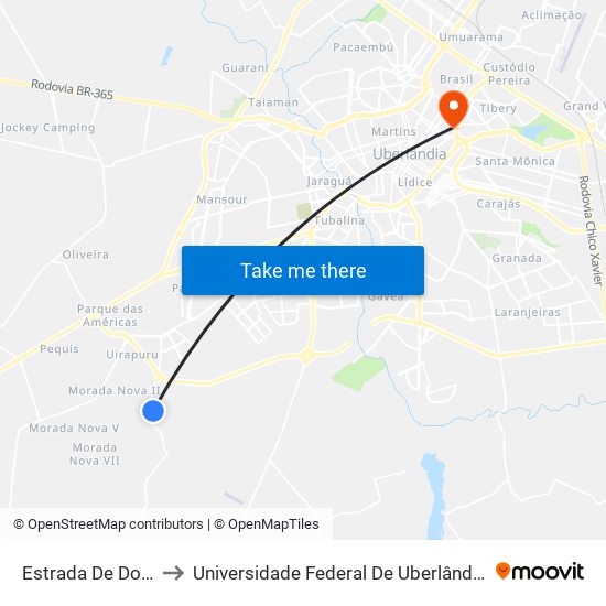 Estrada De Douradinho, to Universidade Federal De Uberlândia - Campus Educa map