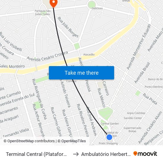 Terminal Central (Plataforma D2 - Verde) to Ambulatório Herbert De Freitas map