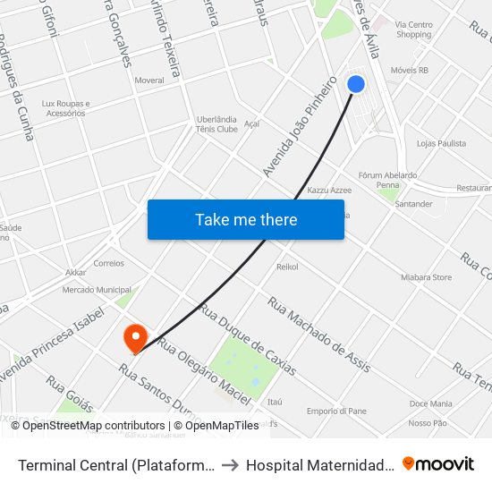 Terminal Central (Plataforma C2 - Vermelho) to Hospital Maternidade Santa Clara map