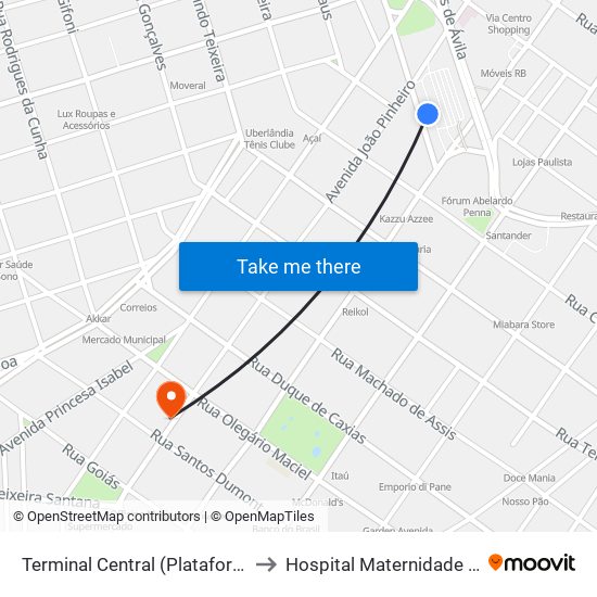 Terminal Central (Plataforma A1 - Azul) to Hospital Maternidade Santa Clara map