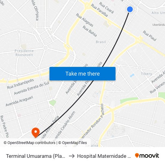 Terminal Umuarama (Plataforma A1) to Hospital Maternidade Santa Clara map