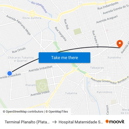 Terminal Planalto (Plataforma A2) to Hospital Maternidade Santa Clara map