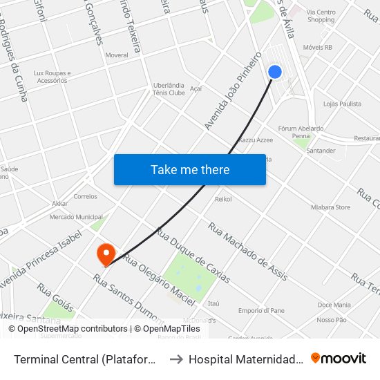Terminal Central (Plataforma B1 - Amarelo) to Hospital Maternidade Santa Clara map