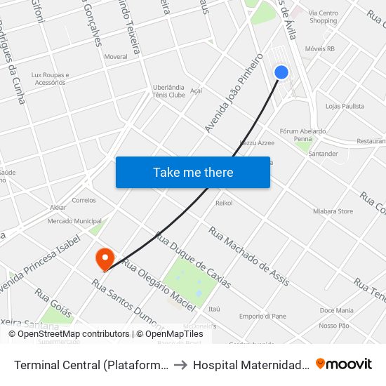 Terminal Central (Plataforma C1 - Vermelho) to Hospital Maternidade Santa Clara map