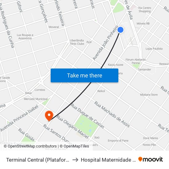 Terminal Central (Plataforma A2 - Azul) to Hospital Maternidade Santa Clara map