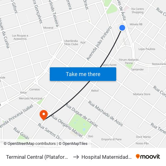 Terminal Central (Plataforma E2 - Laranja) to Hospital Maternidade Santa Clara map