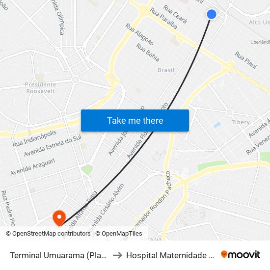 Terminal Umuarama (Plataforma B2) to Hospital Maternidade Santa Clara map