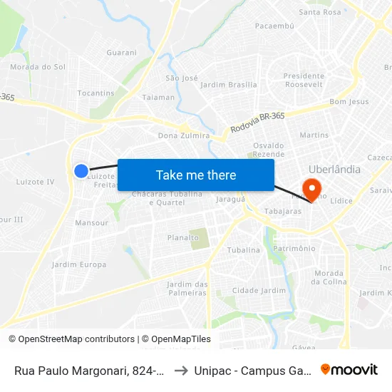 Rua Paulo Margonari, 824-886 to Unipac - Campus Gama map