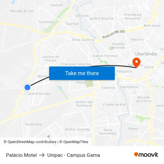 Palácio Motel to Unipac - Campus Gama map