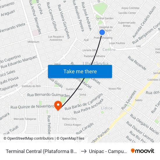 Terminal Central (Plataforma B2 - Amarelo) to Unipac - Campus Gama map