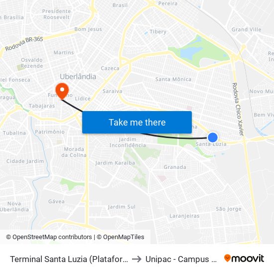 Terminal Santa Luzia (Plataforma A2) to Unipac - Campus Gama map