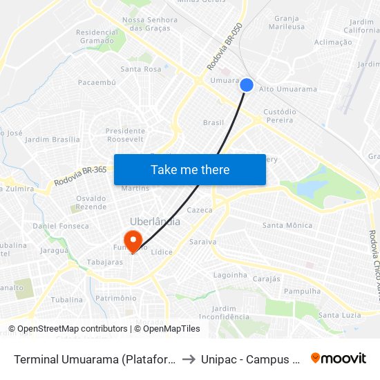 Terminal Umuarama (Plataforma A1) to Unipac - Campus Gama map