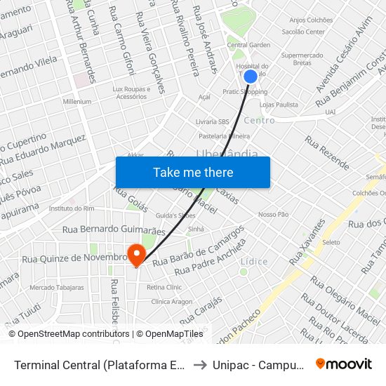 Terminal Central (Plataforma E2 - Laranja) to Unipac - Campus Gama map