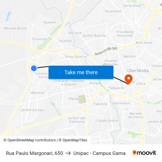 Rua Paulo Margonari, 650 to Unipac - Campus Gama map