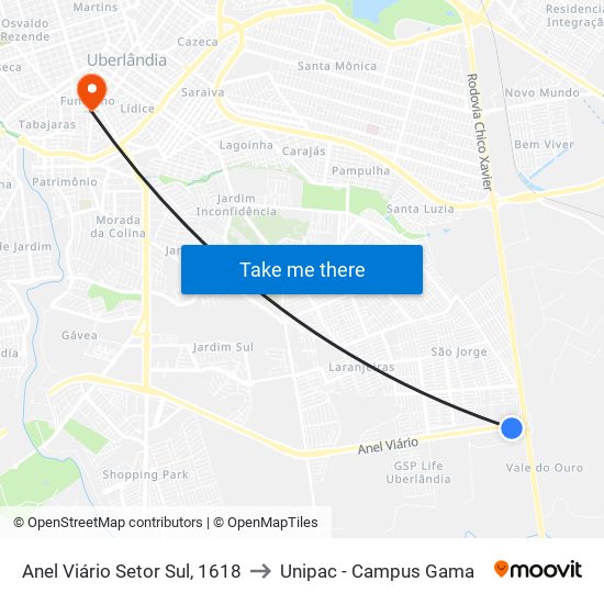 Anel Viário Setor Sul, 1618 to Unipac - Campus Gama map