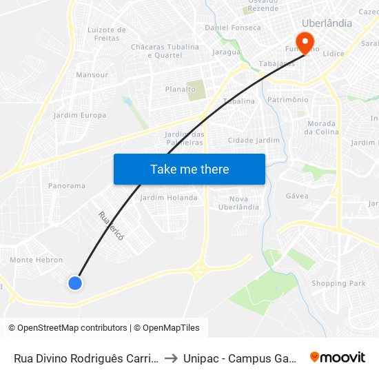 Rua Divino  Rodriguês Carrijo to Unipac - Campus Gama map