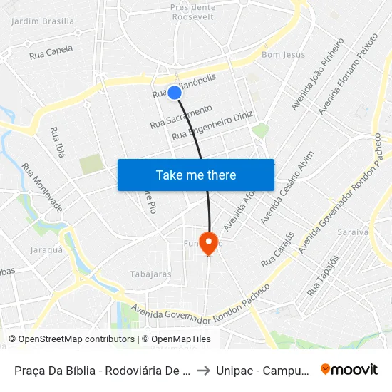 Praça Da Bíblia - Rodoviária De Uberlândia to Unipac - Campus Gama map