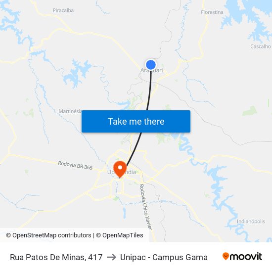 Rua Patos De Minas, 417 to Unipac - Campus Gama map