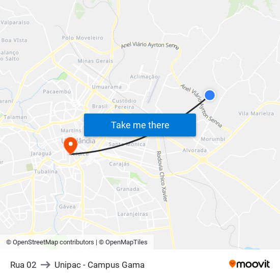 Rua 02 to Unipac - Campus Gama map