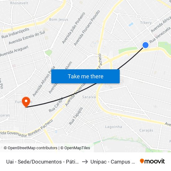 Uai - Sede/Documentos - Pátio Sabiá to Unipac - Campus Gama map