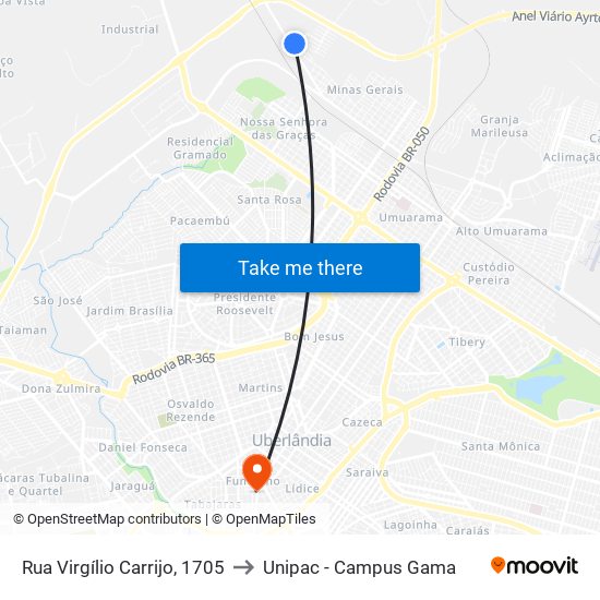 Rua Virgílio Carrijo, 1705 to Unipac - Campus Gama map