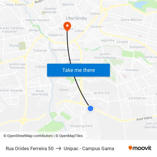 Rua Orides Ferreira 50 to Unipac - Campus Gama map