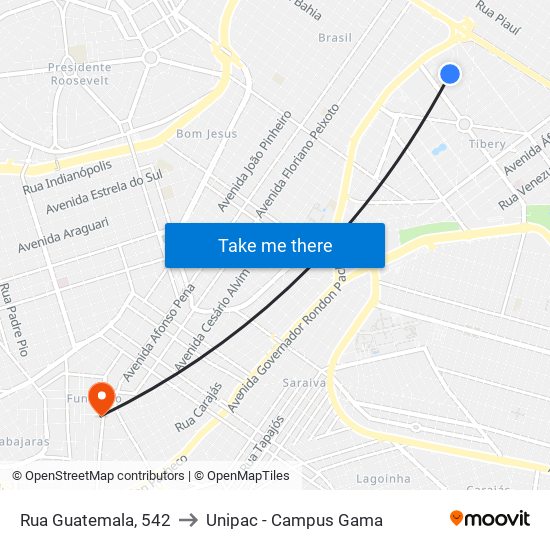 Rua Guatemala, 542 to Unipac - Campus Gama map