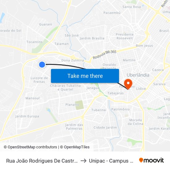 Rua João Rodrigues De Castro, 355 to Unipac - Campus Gama map