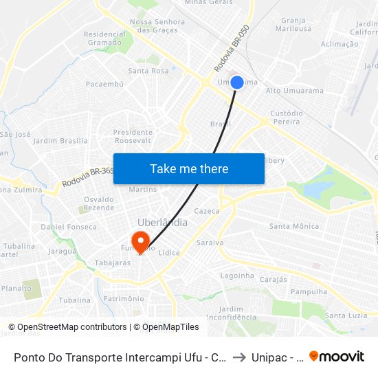 Ponto Do Transporte Intercampi Ufu - Campus Umuarama (Av. Professor José Inácio De Souza) to Unipac - Campus Gama map