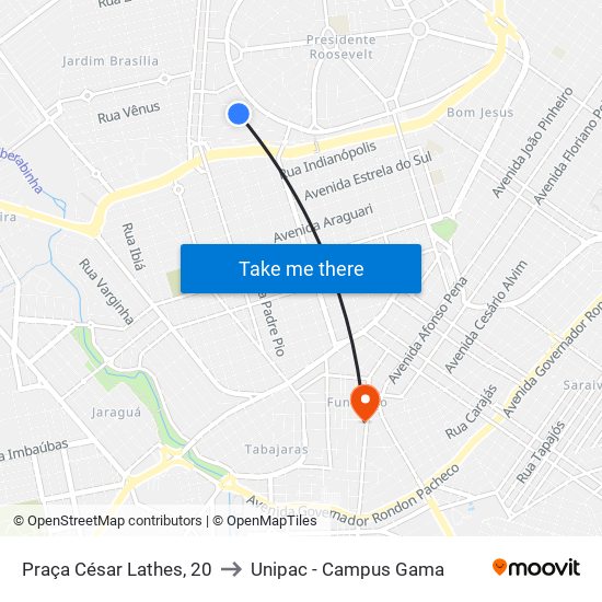 Praça César Lathes, 20 to Unipac - Campus Gama map