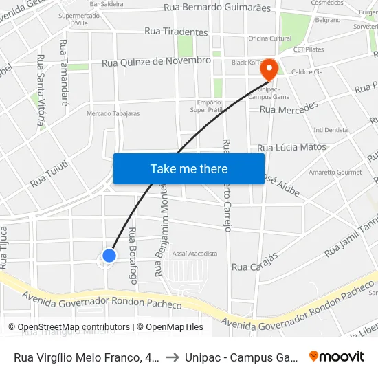 Rua Virgílio Melo Franco, 450 to Unipac - Campus Gama map
